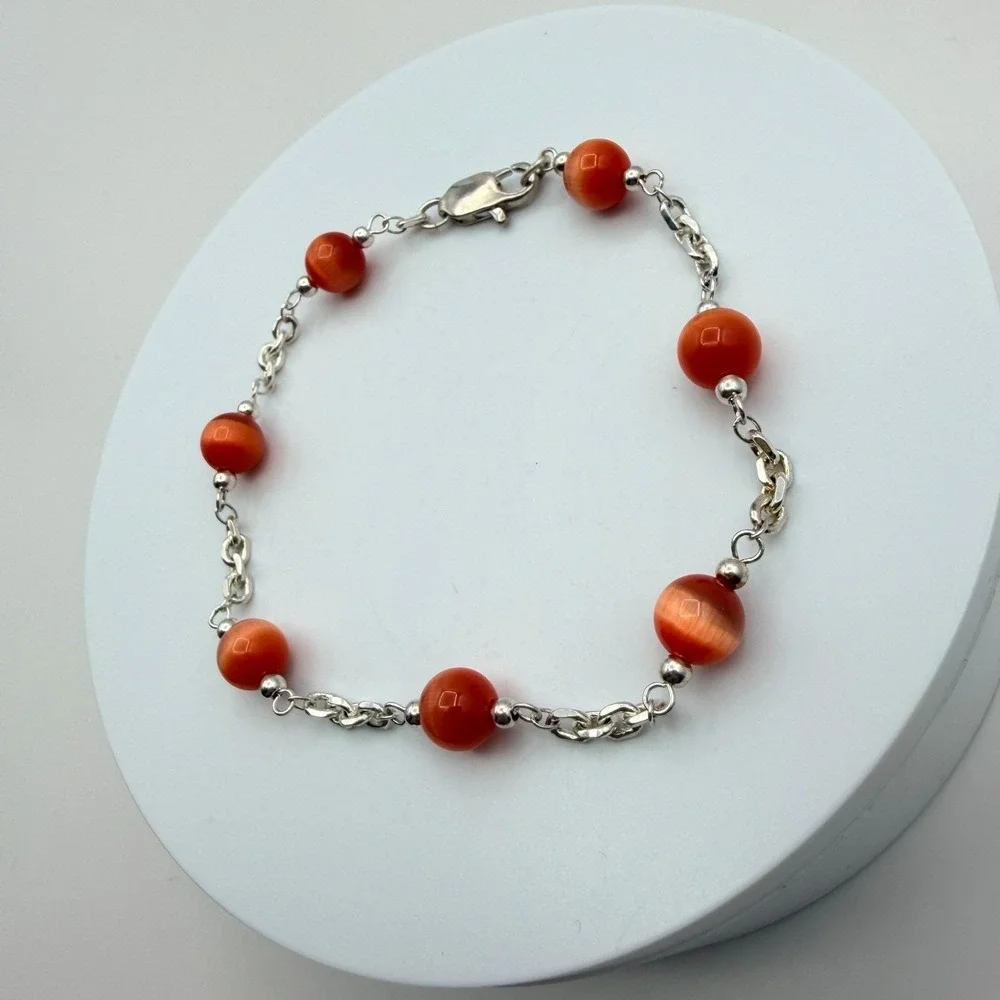 Vintage 90s Women's Silver Tone Chain Burnt Orange Bead Station Bracelet Jewelry